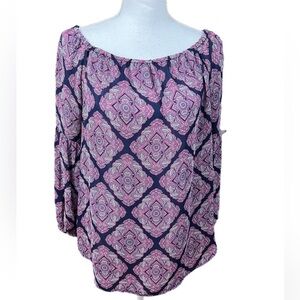 🔥🔥Michael Kors Size Med 3/4 Sleeve  Blouse Navy Blue With Pink Pattern